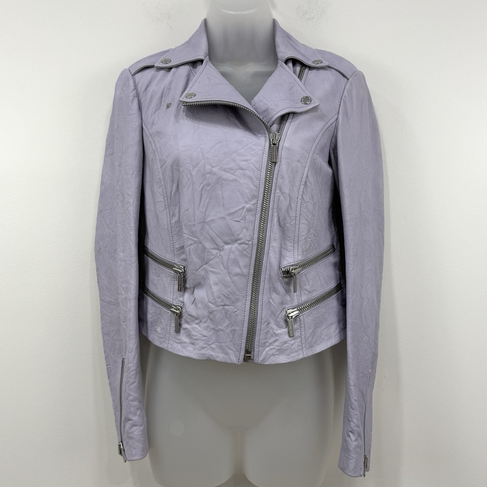 Michael Kors Crinkle Lamb Leather Moto Jacket XS Lilac Preppy Luxury Full Zip